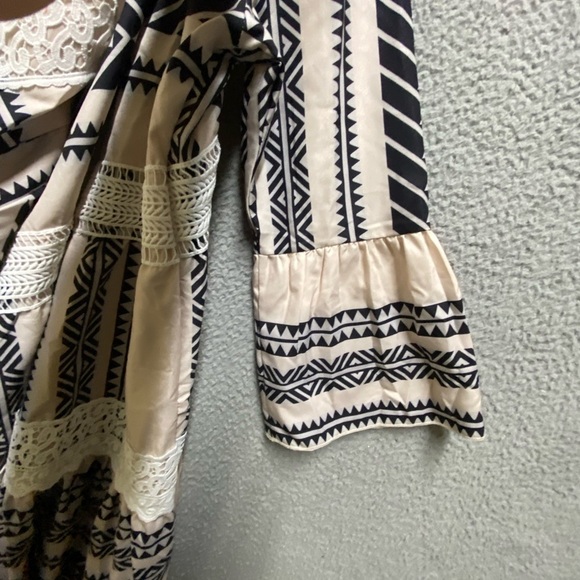 Womens Dress Large Pink Black Striped Smocked 3/4 Sleeve Lace - Picture 7 of 8